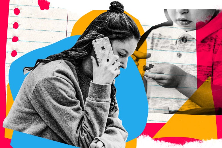 Photo illustration of a mom on the phone and a child.